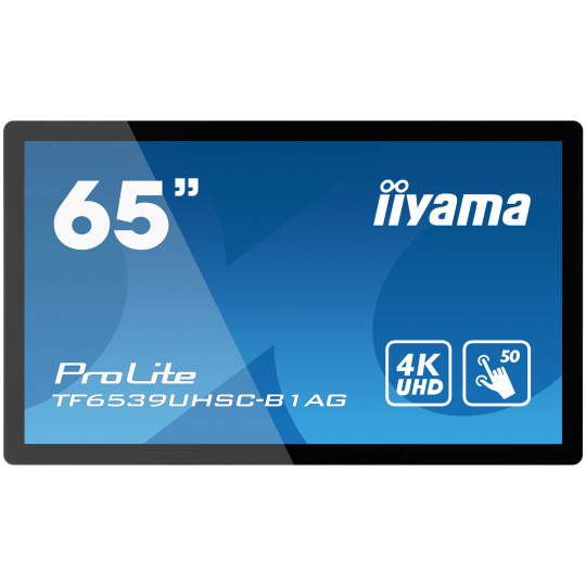 65" iiyama TF6539UHSC-B1AG: IPS, 4K, capacitive, 50P, 500cd/m2, VGA, HDMI, DP, 24/7, IP54, černý