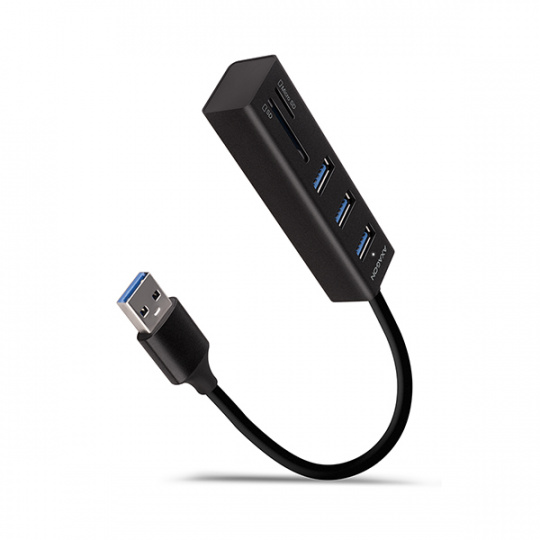 AXAGON HMA-CR3A, USB 3.2 Gen 1 hub, porty 3x USB-A + čtečka karet SD/microSD, kovový, kabel USB-A 20