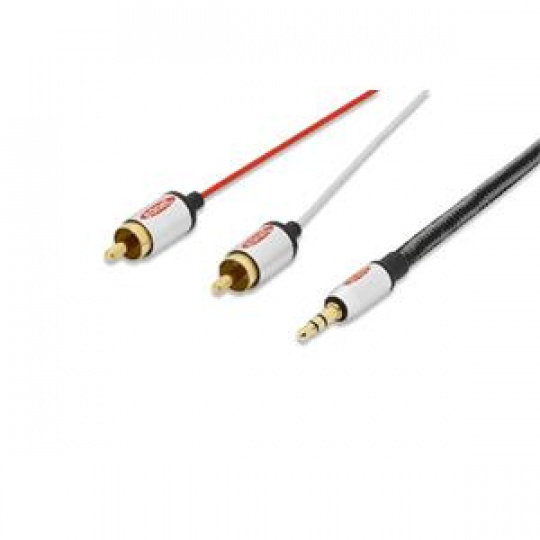 Ednet Audio propojovací kabel, stereo 3,5 mm samec -2x RCA samec, 2,5 m, CCS, stíněný, bavlna, zlato, sstříbrná/černá/červená