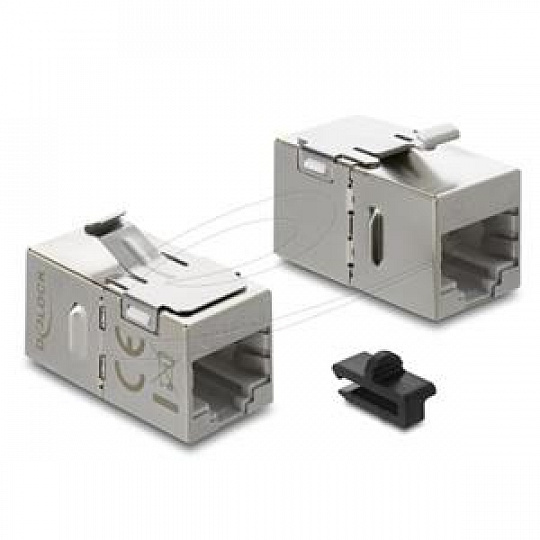 Delock Spojka modulu Keystone ze zásuvky RJ45 na zásuvku RJ45 Cat.6A s kovovou západkou a sponou, stíněná Delock Spojka modulu Keystone ze zásuvky RJ45 na zásuvku RJ45 Cat.6A s kovovou západkou a sponou, stíněná
