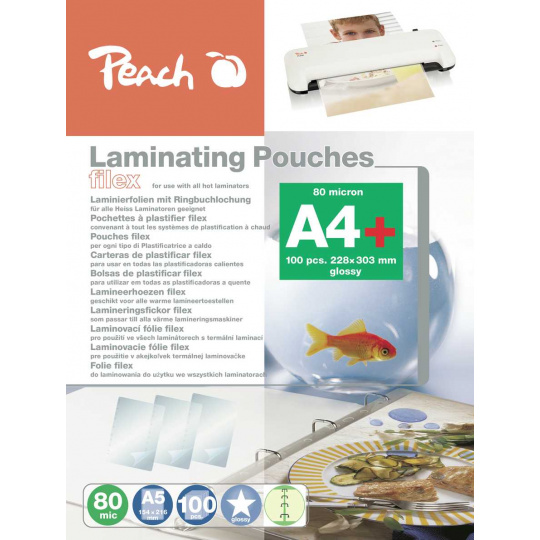 PEACH laminovací folie A4 (228x303mm), 80mic, lesklé, eurozávěs, 100ks