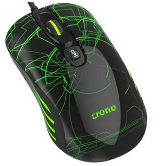 Crono OP-636G, myš herní laserová, 800/1600/3200 DPI, LED podsvícení zelené, USB