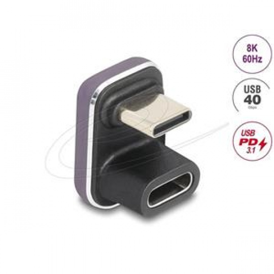 Delock USB-C adaptér 180° úhel 40 Gb/s PD 3.1 240 W samec na samici ve tvaru U 8K 60 Hz kovový