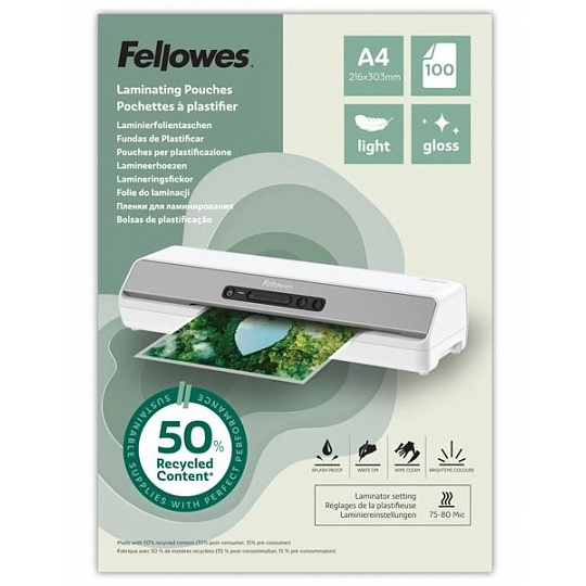 Laminovací fólie Fellowes A5 80 mic z recyklovaného materiálu (50%), lesklé Laminovací fólie Fellowes A5 80 mic z recyklovaného materiálu (50%), lesklé