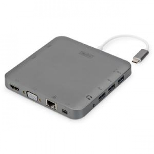 DIGITUS Univerzální dokovací stanice , USB-C, 11 portů, šedá 3x video, 1x USB-C, 3x USB3.0, RJ45, 2x čtečka karet