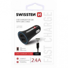 SWISSTEN CAR CHARGER 2,4A POWER WITH 2x USB + CABLE USB-C