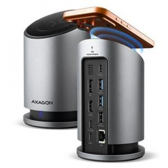 AXAGON HMC-WL9, USB 10Gbps hub s Qi, 3x USB-A, USB-C, HDMI & DP 4k/60Hz, RJ-45 GLAN, PD 100W, kabel USB-C 60cm