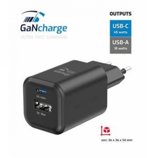 SWISSTEN SÍŤOVÝ ADAPTÉR GaN 1x USB-C 45W PD + 1x USB-A 18W QC ČERNÝ