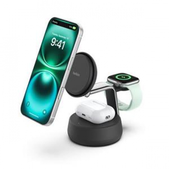 Belkin UltraCharge™ PRO Qi2 25W 3v1 Magnetická nabíječka pro iPhone/Apple Watch/AirPods, tmavě šedá
