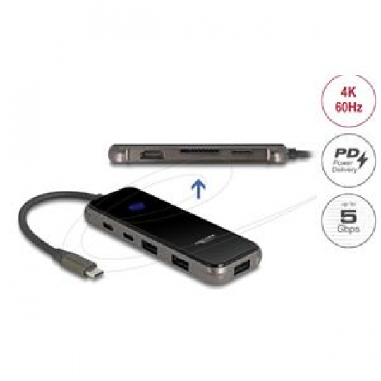 Delock Dokovací stanice USB Type-C™ 4K – HDMI / USB Hub / SD - Micro SD slot / PD 3.0 85 W s povrchem z tvrzeného skla