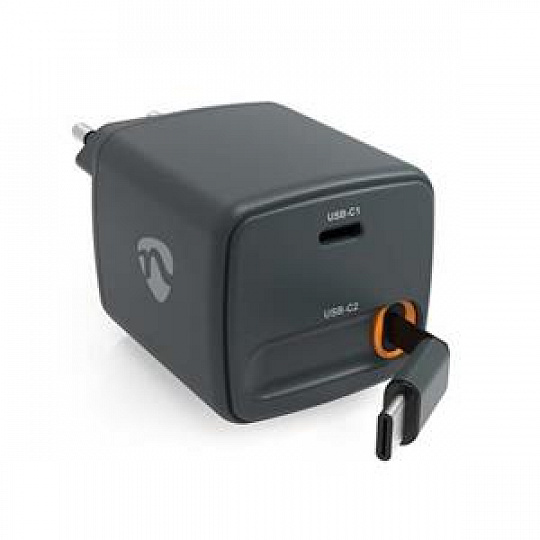 Nedis WCHARC30WBK - Síťová Nabíječka | 30 W | GaN | PD3.0 | 2výstupy: USB-C / Zatahovací kabel USB-C| Černá