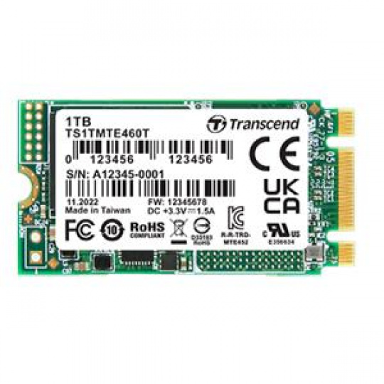 TRANSCEND MTE460T-VS1 512GB Industrial M.2 2242, PCIe Gen3x2, NVMe, 3D TLC BiCS5, DRAM-less, PE: 3K, extended temp