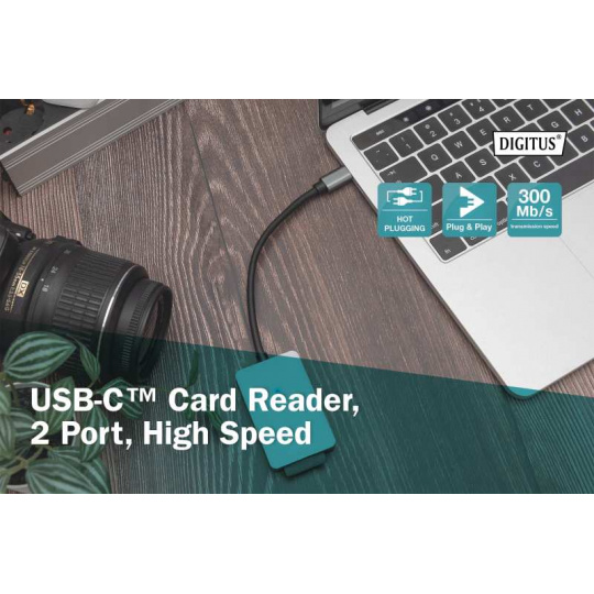 DIGITUS Čtečka karet USB-C, 2 porty UHS-II SD4.0, TF4.0, 300 Mb/s