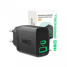 Green Cell PowerSource Duo30 Charger USB/USB-C Black Power Adapter 30W Power Delivery Green Cell PowerSource Duo30 Charger USB/USB-C Black Power Adapter 30W Power Delivery