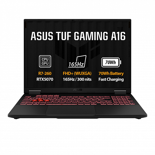 ASUS TUF Gaming A16/FA608UP-RV011W/R7-260/16"/WUXGA/16GB/512GB/RTX 5070/W11H/Gray/2R ASUS TUF Gaming A16/FA608UP-RV011W/R7-260/16"/WUXGA/16GB/512GB/RTX 5070/W11H/Gray/2R