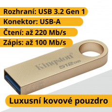 512GB Kingston Data Traveler SE9, USB-A 3.2 Gen 1, čtení/zápis - 220/100Mbps