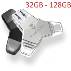 VIKING USB FLASH DISK 3.0 4v1 64GB, S KONCOVKOU APPLE LIGHTNING, USB-C, MICRO USB, USB3.0, černá