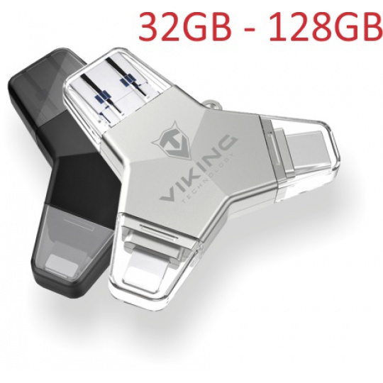 VIKING USB FLASH DISK 3.0 4v1 64GB, S KONCOVKOU APPLE LIGHTNING, USB-C, MICRO USB, USB3.0, černá