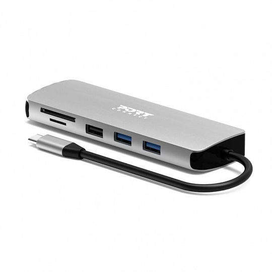 PORT CONNECT USB-C 1× 4K dokovací stanice, 9v1, hliníková konstrukce, 85W PD, stříbrná PORT CONNECT USB-C 1× 4K dokovací stanice, 9v1, hliníková konstrukce, 85W PD, stříbrná