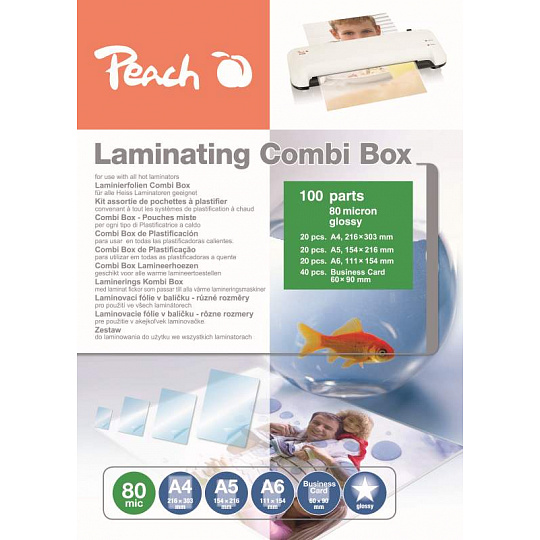 PEACH laminovací Combi Box 100, lam. fólie 20ks A4, 20ks A5, 20ks A6, 40ks vizitka, 80 mic PEACH laminovací Combi Box 100, lam. fólie 20ks A4, 20ks A5, 20ks A6, 40ks vizitka, 80 mic