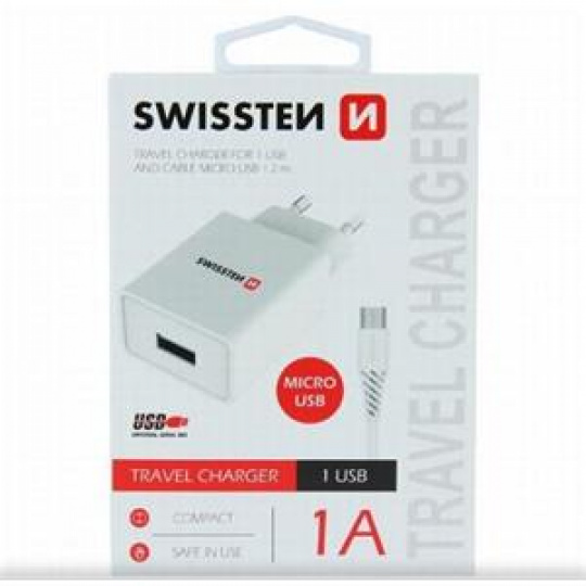 SWISSTEN SÍŤOVÝ ADAPTÉR SMART IC 1x USB 1A POWER + DATOVÝ KABEL USB / MICRO USB 1,2 M BÍLÝ