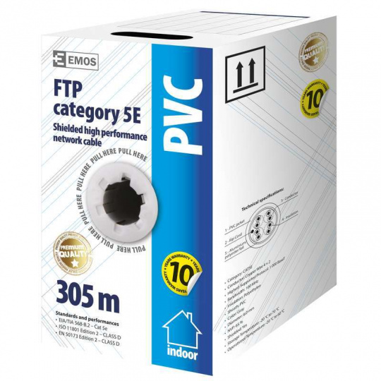 Emos FTP kabel CAT 5e PVC, drát, měď (Cu), AWG24, šedý, 305m, box