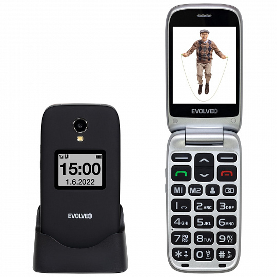 EVOLVEO EasyPhone FS, vyklápěcí telefon 2.8" pro seniory s nabíjecím stojánkem (černá barva)