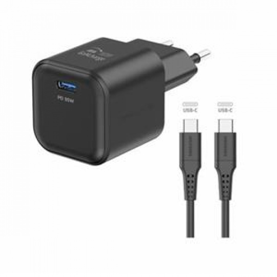 SWISSTEN SÍŤOVÝ ADAPTÉR GaN 1x USB-C 35W POWER DELIVERY ČERNÝ + DATOVÝ KABEL USB-C/USB-C 1,2 M ČERNÝ