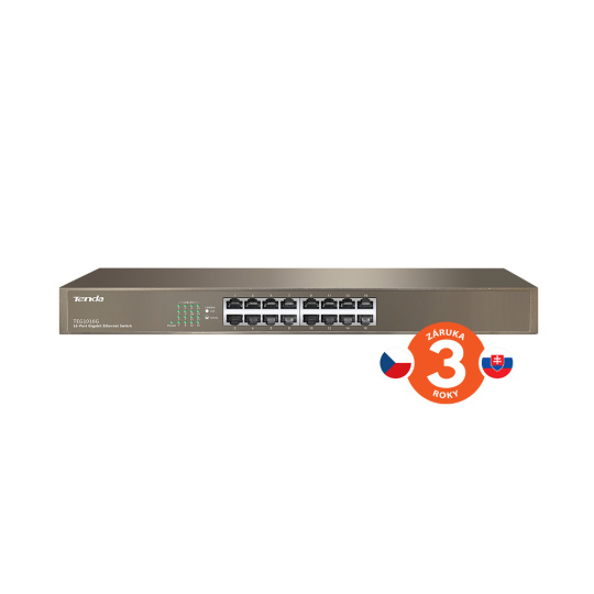 Tenda TEG1016G 16-port Gigabit Switch, 16x 10/100/1000 Mb/s, Fanless, MAC 8K, i na zeď, Rackmount