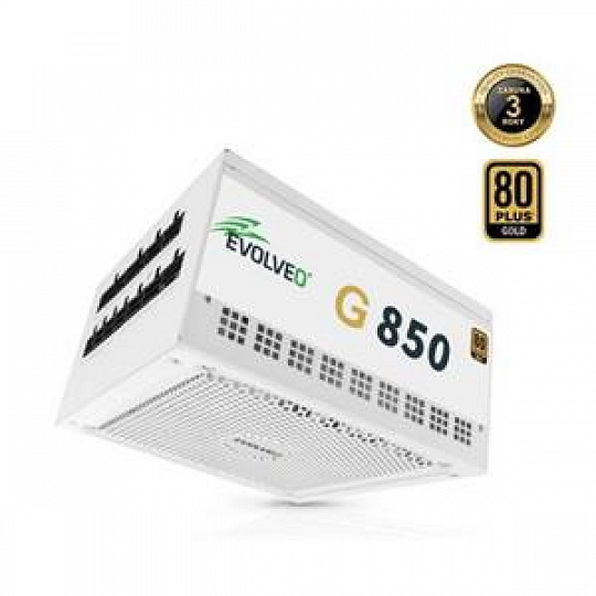 EVOLVEO G850 zdroj 850W, 80+ GOLD, ATX 3.1, PCIe 5.1, aPFC, 140mm ventilátor, modulární, záruka 3 roky, bílý EVOLVEO G850 zdroj 850W, 80+ GOLD, ATX 3.1, PCIe 5.1, aPFC, 140mm ventilátor, modulární, záruka 3 roky, bílý