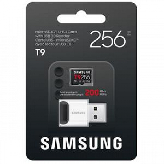Samsung T9/Micro SDXC/256GB/UHS-I U3 / Class 10/+ Adaptér/Černá + USB Adaptér Samsung T9/Micro SDXC/256GB/UHS-I U3 / Class 10/+ Adaptér/Černá + USB Adaptér