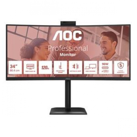 AOC LCD CU34E4CW 34" zakřivený VA/3440x1440@120Hz/4ms/350cd/2xHDMI/DP/4xUSB/2xUSB-C/RJ45/Webcam/Repro/HAS/VESA AOC LCD CU34E4CW 34" zakřivený VA/3440x1440@120Hz/4ms/350cd/2xHDMI/DP/4xUSB/2xUSB-C/RJ45/Webcam/Repro/HAS/VESA