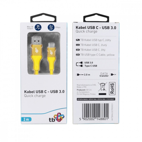 TB USB 3.0/USB-C 2m premium 3A žlutý