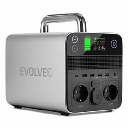 Evolveo PowerCharge 500, nabíjecí stanice, 20 Ah, 512 Wh, 2× 230 V zásuvka, 1× 12 V zásuvka, 4× USB-A, 1× USB-C