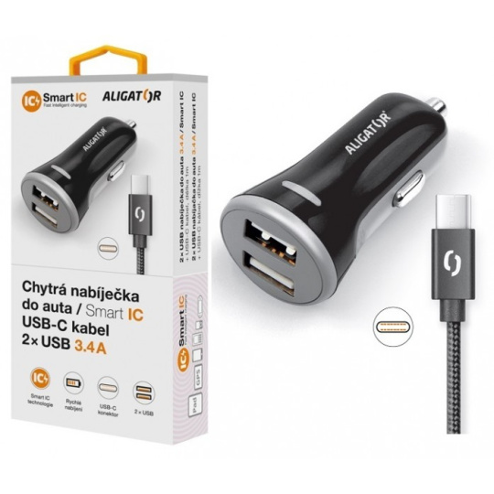 Nabíječka do auta ALIGATOR 3.4A, 2xUSB, smart IC, černá, USB-C kabel