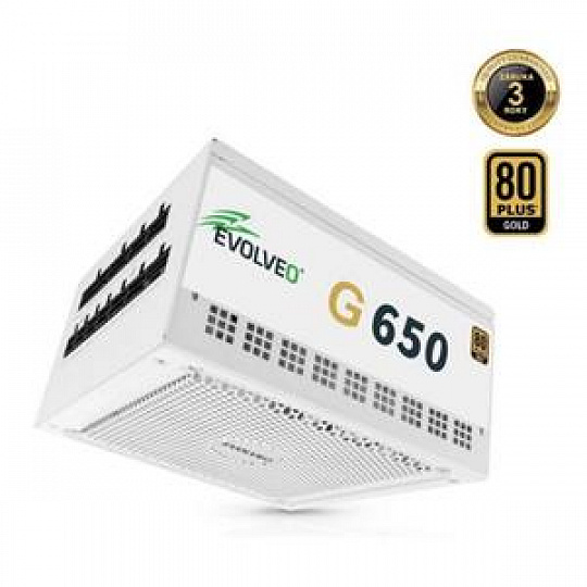 EVOLVEO G650 zdroj 650W, 80+ GOLD, ATX 3.1, PCIe 5.1, aPFC, 140mm ventilátor, modulární, záruka 3 roky, bílý EVOLVEO G650 zdroj 650W, 80+ GOLD, ATX 3.1, PCIe 5.1, aPFC, 140mm ventilátor, modulární, záruka 3 roky, bílý
