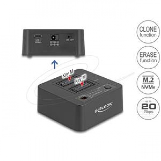 Delock USB 20 Gbps Dokovací stanice M.2 pro 2 x SSD M.2 NVMe PCIe s funkcemi klonování a mazání