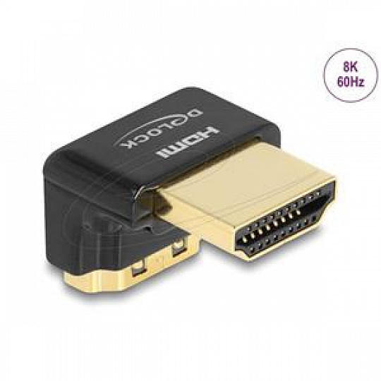 Delock Adaptér HDMI, ze zástrčky na zásuvku, 90° pravoúhlý dolů 8K 60 Hz, kovový Delock Adaptér HDMI, ze zástrčky na zásuvku, 90° pravoúhlý dolů 8K 60 Hz, kovový