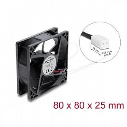 Delock Axiální ventilátor 48 V DC, 80 x 80 x 25 mm s 2-pinovým zásuvkovým konektorem ventilátoru, černý Delock Axiální ventilátor 48 V DC, 80 x 80 x 25 mm s 2-pinovým zásuvkovým konektorem ventilátoru, černý