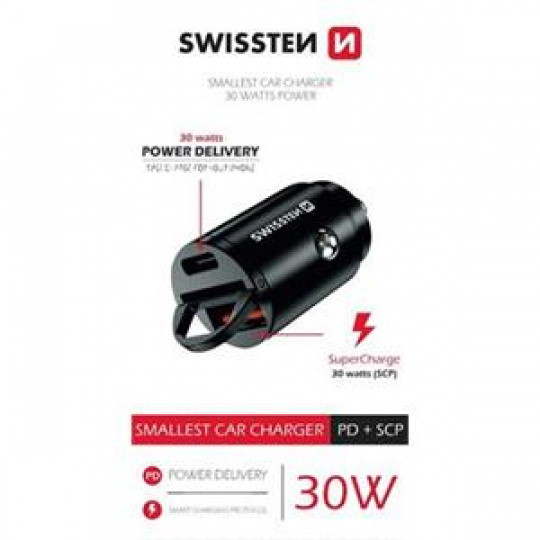 SWISSTEN CL ADAPTÉR POWER DELIVERY USB-C + SUPER CHARGE 3.0 30W NANO CERNÝ