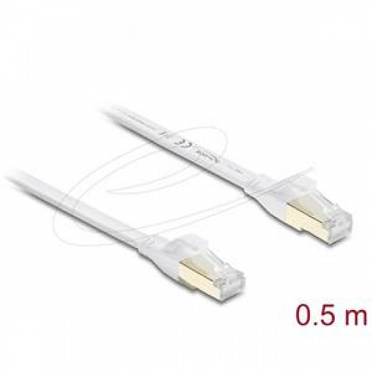 Delock Plochý spojovací kabel RJ45 Cat.8.1 U/FTP, až 40 Gbps, 0,5 m, bílý Delock Plochý spojovací kabel RJ45 Cat.8.1 U/FTP, až 40 Gbps, 0,5 m, bílý