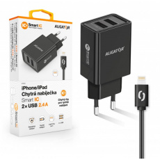 ALIGATOR Chytrá síťová nabíječka 2,4A, 2xUSB, smart IC, černá, USB kabel pro iPhone/iPad