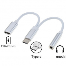 PremiumCord Převodník USB-C na audio konektor jack 3,5mm female + USB typ C konektor pro nabíjení