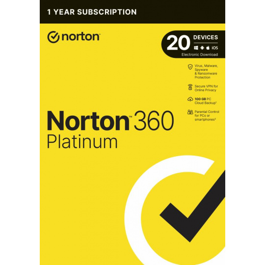 NORTON 360 PLATINUM 100GB CZ 1 uživatel 20 zařízení na 1 rok