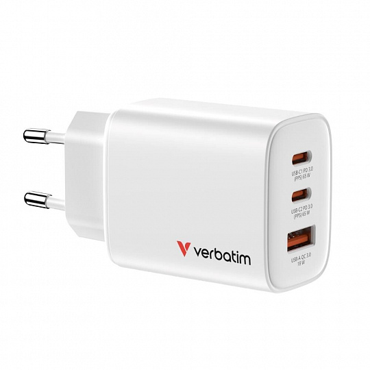 Zdroj 230V/  65W/2x USB-C + 1x USB-A (PD3.0, GaN, Quick Changer, PPS, vidlice EU) Verbatim, bílý