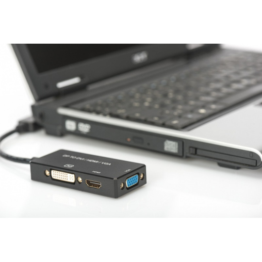 Digitus Mini DisplayPort Kabelový  převodník , mDP - HDMI + DVI + VGA M-F / F / F, 0,2m, multimediální kabel 3 v 1, CE, bl, zlato