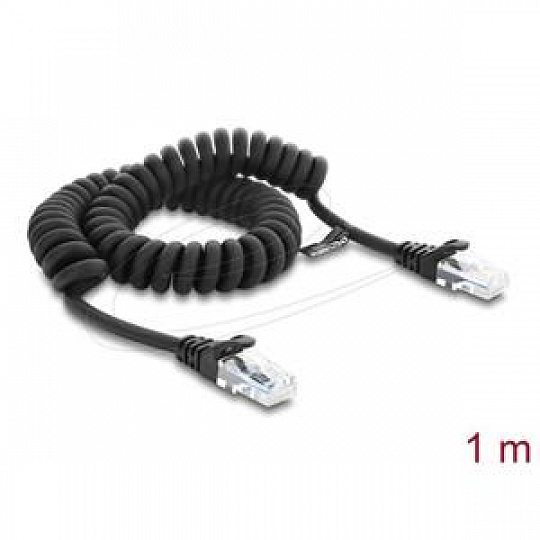 Delock Vinutý kabel rozhraní RJ50, ze zástrčky na zástrčku, 1 m, černý Delock Vinutý kabel rozhraní RJ50, ze zástrčky na zástrčku, 1 m, černý