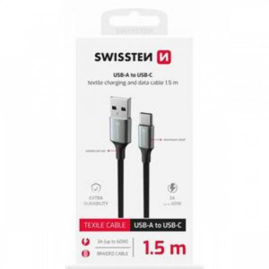 SWISSTEN DATOVÝ KABEL TEXTILE II USB / USB-C 1,5 M ČERNÝ SWISSTEN DATOVÝ KABEL TEXTILE II USB / USB-C 1,5 M ČERNÝ