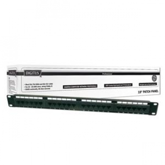 DIGITUS CAT 5e patch panel, nestíněný, 24 portů RJ45, 8P8C, LSA, 1U, do  stojanu, černý, 482x44x109