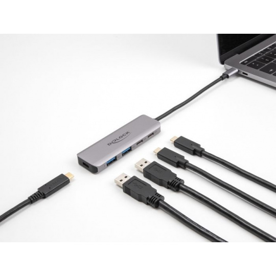 Delock Dvouportový rozbočovač sítě USB 5 Gbps se dvěma porty USB Type-C™, se dvěma porty Typu-A a s konektorem USB Type-C™